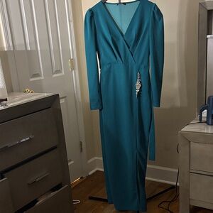 Elegant Long Sleeve Teal Dress with Waist Embellishment